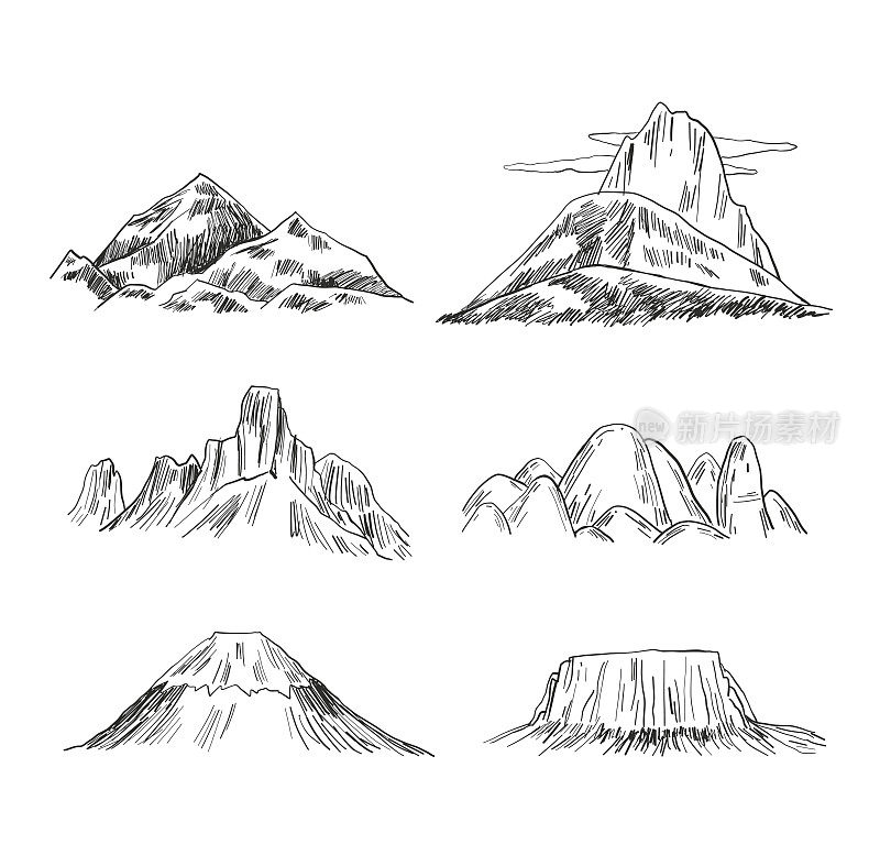 Set of hand Drawn mountains vector插图。